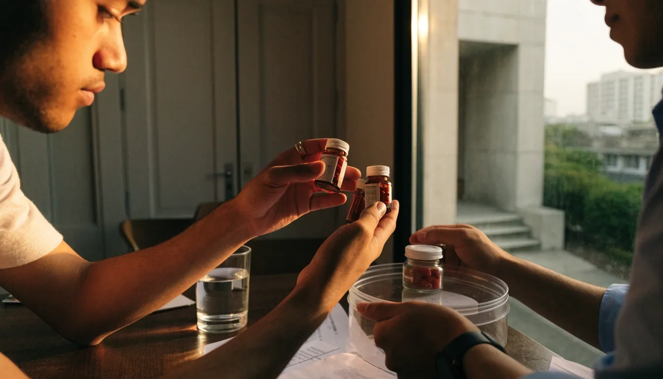 A Jakarta kitchen counter at dusk with a glass of water, a ceramic saucer and a hand resting nearby under warm window light