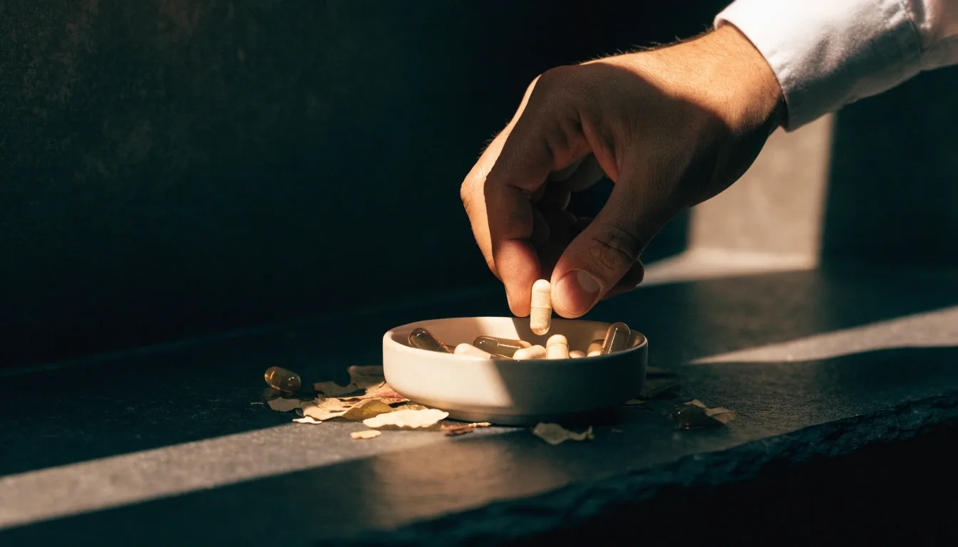 Matte supplement capsules and pressed botanical matter scattered on dark slate under side-raking light