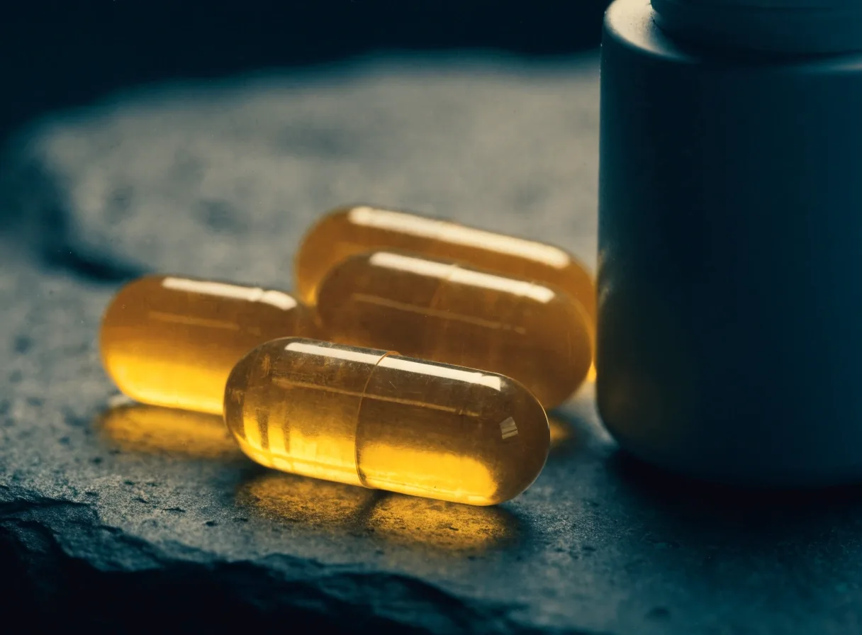 Amber gel capsules resting on a dark slate surface beside an unlabelled matte supplement container