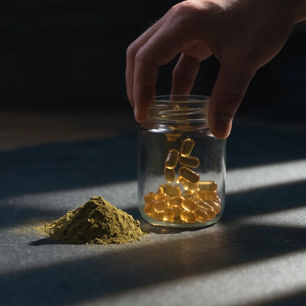 Macro view of amber gel capsules and pressed botanical material on a dark slate surface