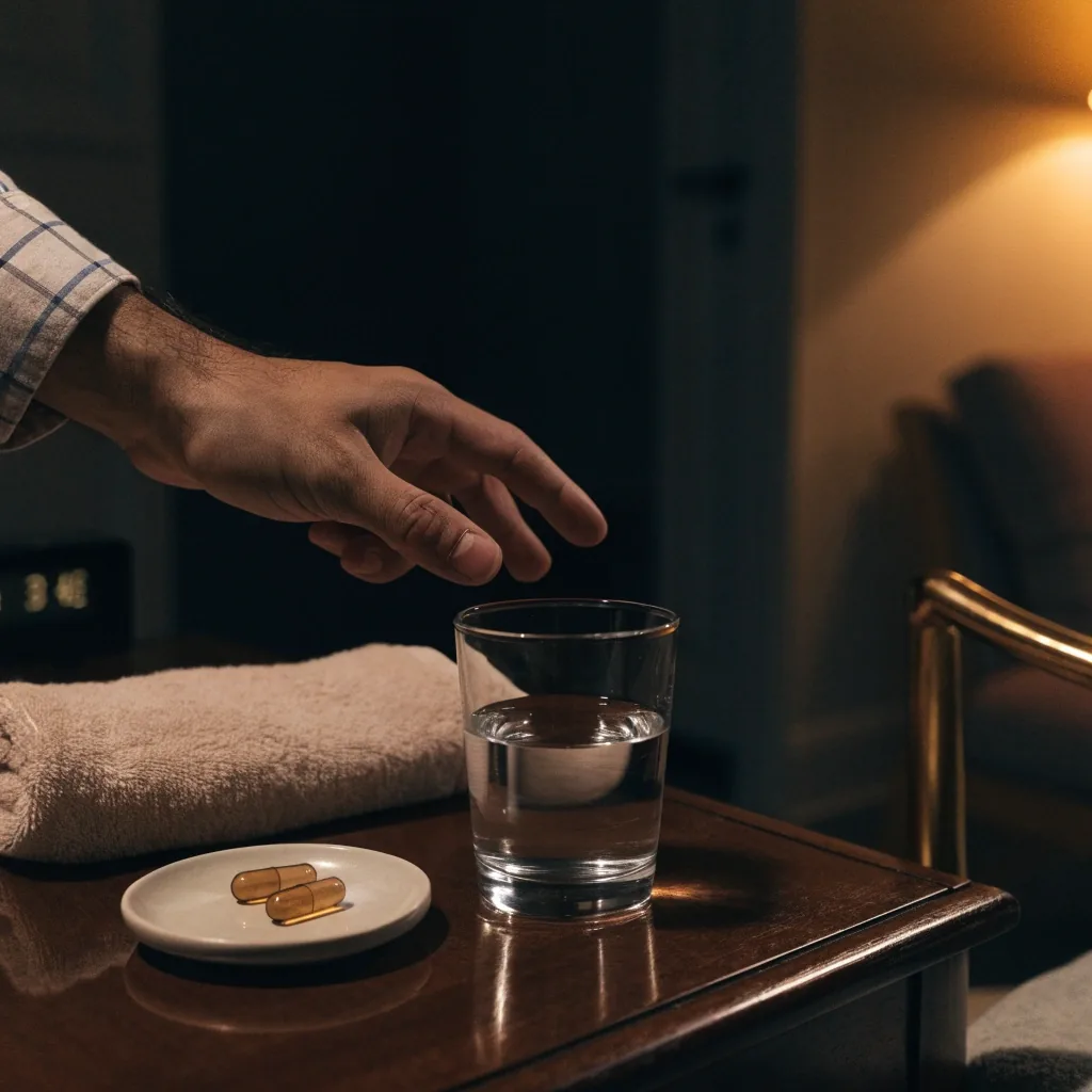 A glass of water and two amber capsules on a saucer on a dark counter under warm side light