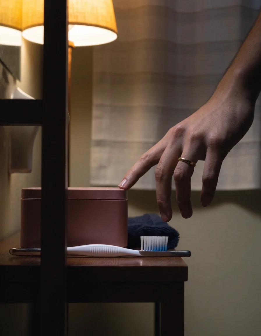 A Jakarta kitchen counter at dusk with a glass of water and a matte supplement container