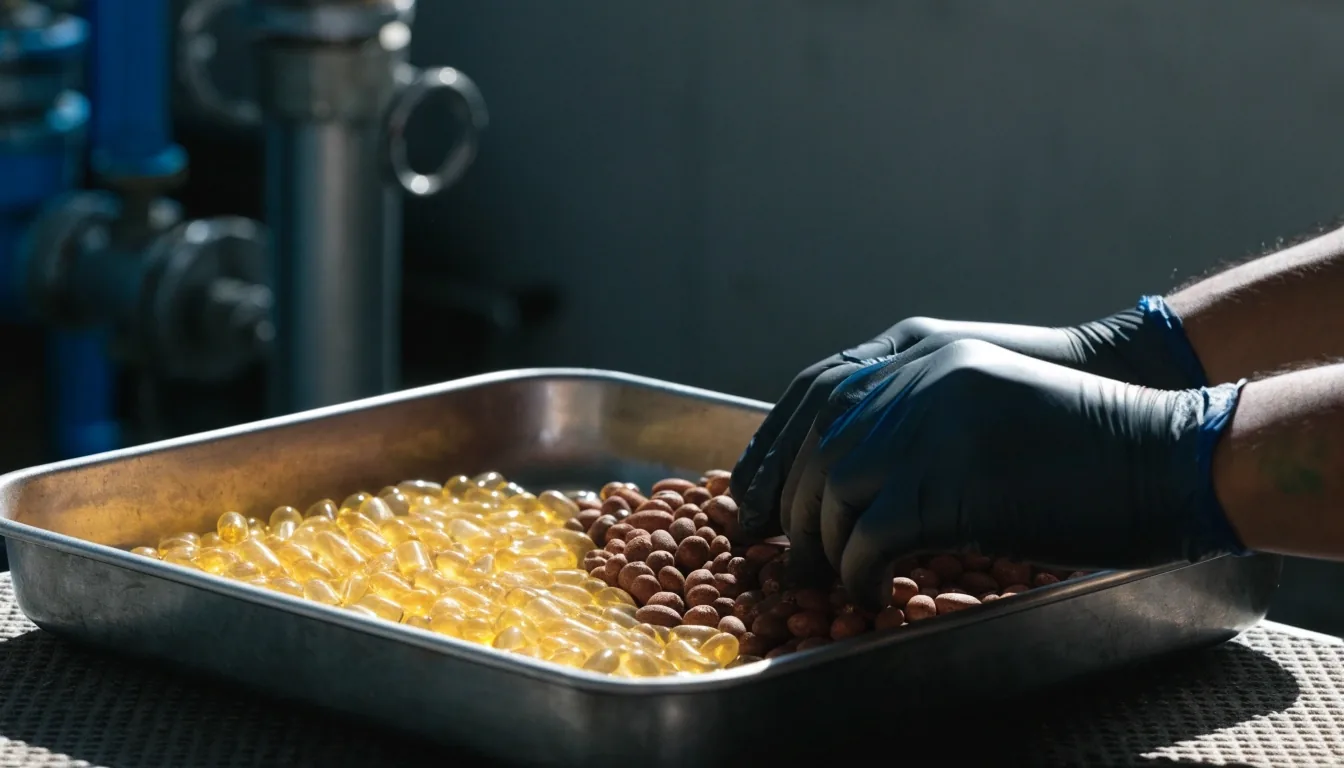 A dense tray of anonymous matte supplement containers under a single top-left light