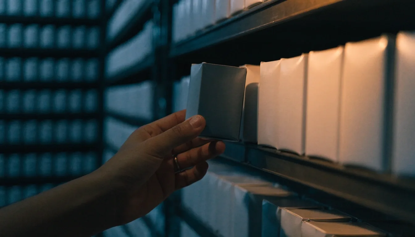 A man's hand lifting one anonymous matte supplement container from a dimly lit shelf at dusk