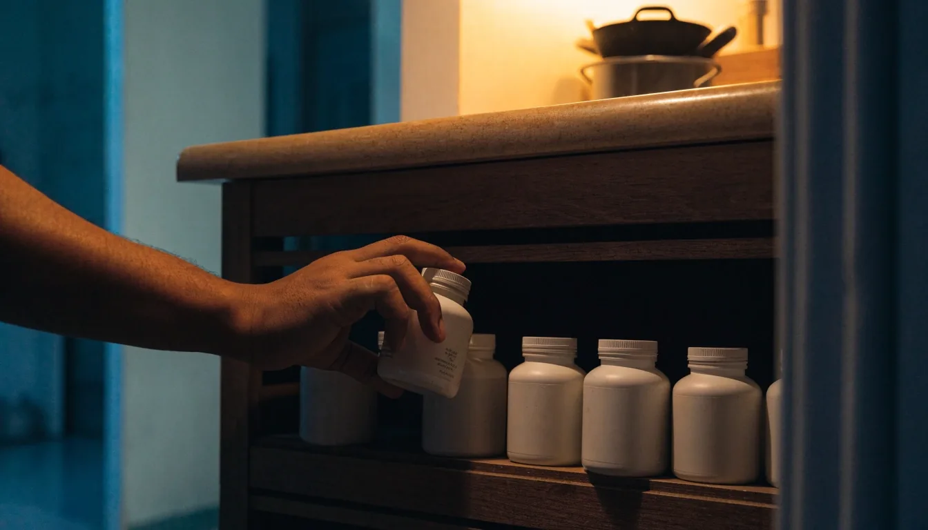 A dim apartment shelf at dusk scanned along rows of anonymous matte supplement containers