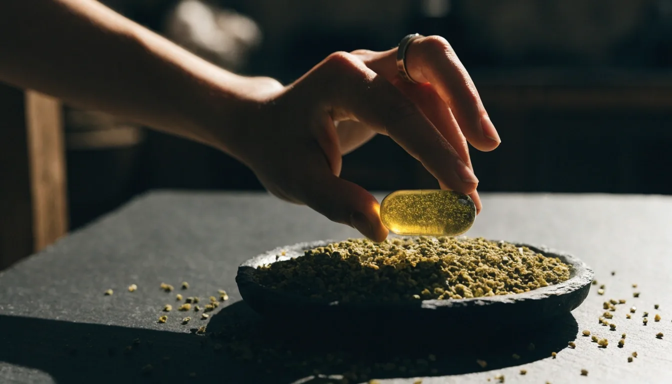 Amber gel capsules and pressed botanical matter on matte slate under side-raking light