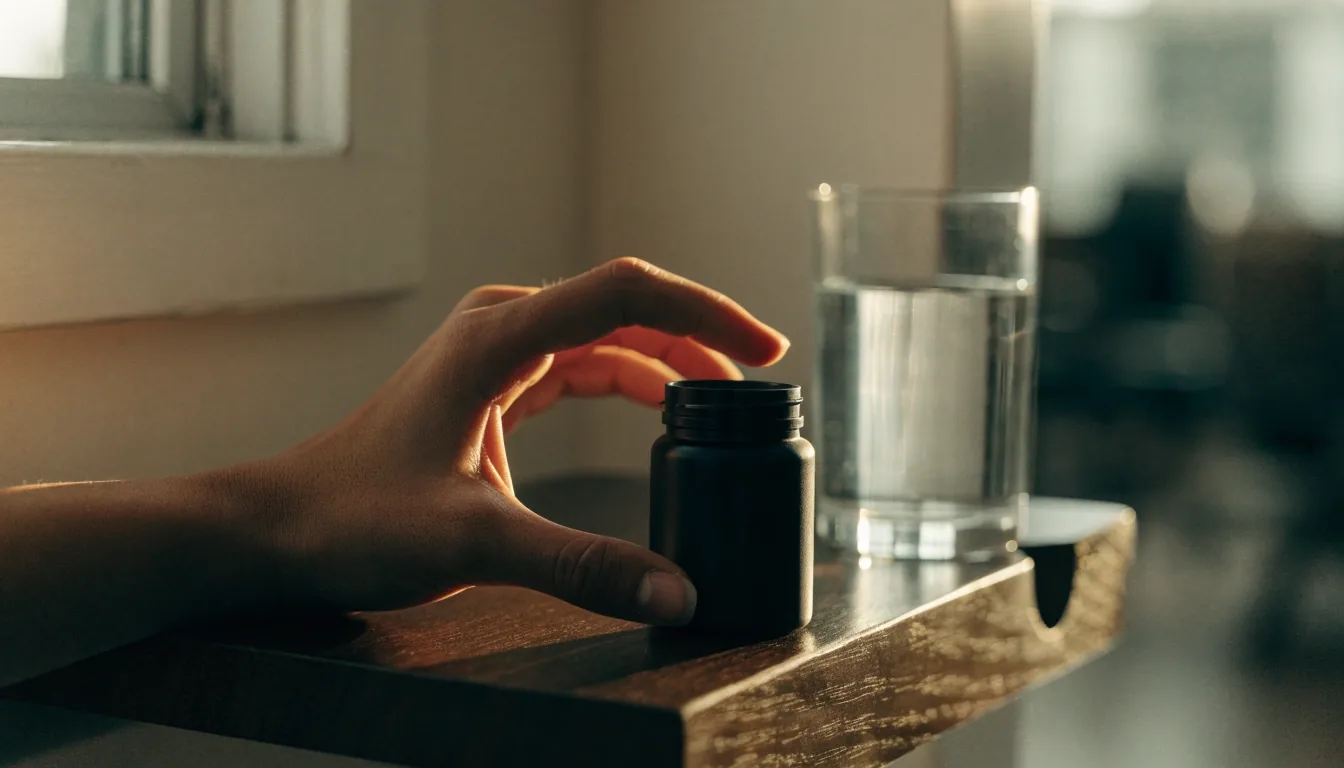 Three anonymous matte supplement containers in a row on a graphite plate under a single key light