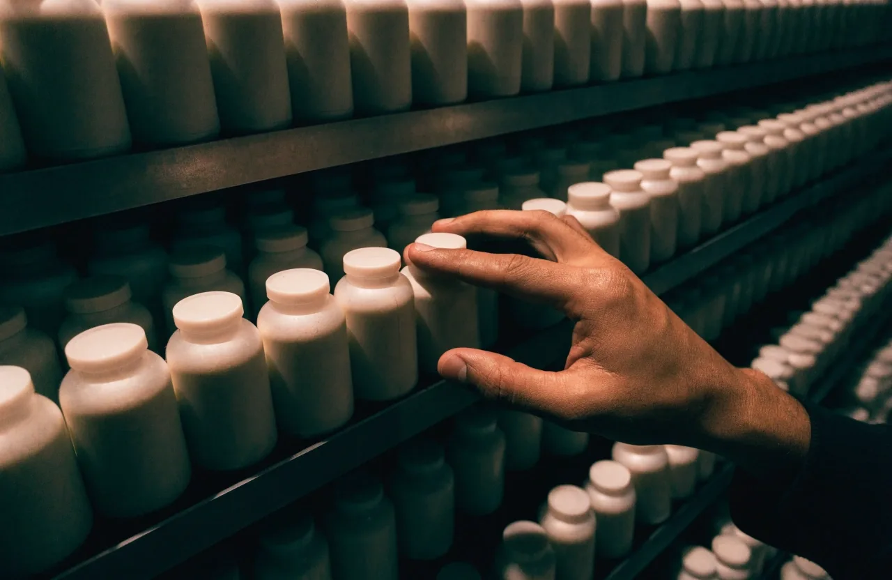 A hand lifting one unlabelled matte container from a dense shelf row of identical containers at dusk