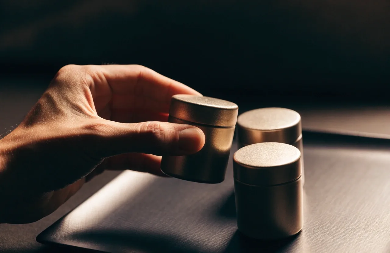 Three unlabelled matte supplement containers in a row on a graphite plate under warm side light